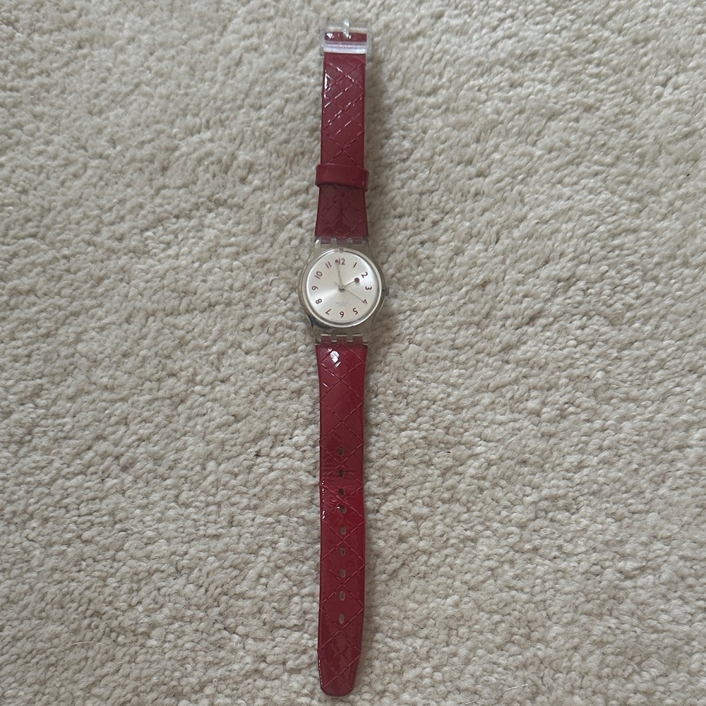 Red Swatch Quilted Leather Strap Watch